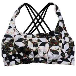 (2/$25) VictoriaSport strappy cross back yoga bra black white geo shape